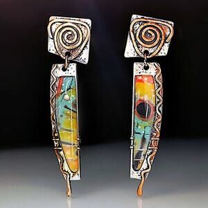 Vintage Handmade Multicolor Earrings, Boho, Silver, Geometric, Irregular
